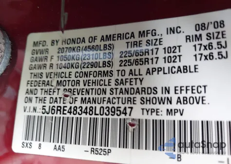 2008 Honda Cr-V Lx from USA, damaged, VIN 5J6RE48348L039547
